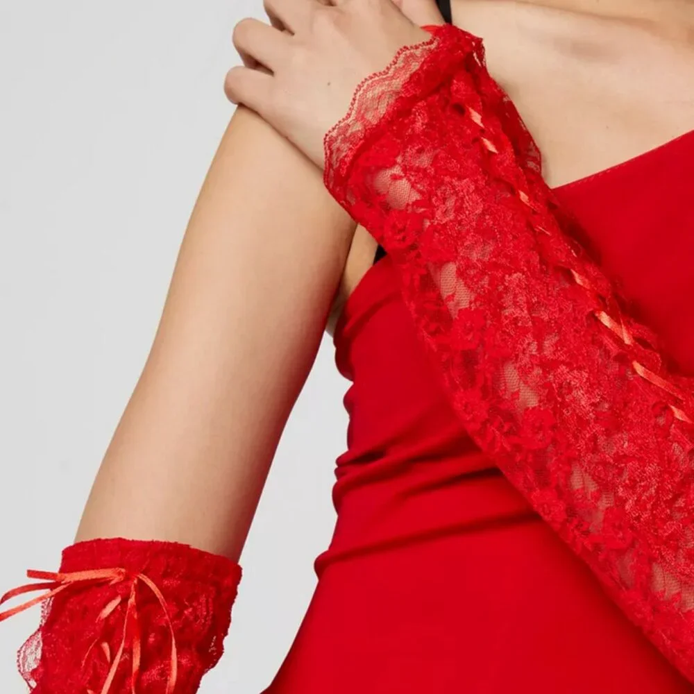NWOT UO Urban Outfitters Lace-Up Opera Red Gloves